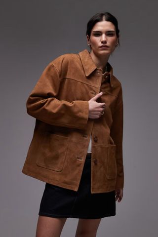 Topshop premium real suede patch pocket boxy jacket in tan