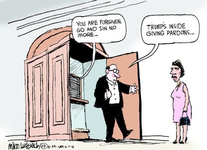 Political cartoon U.S. Trump presidential pardons confessional