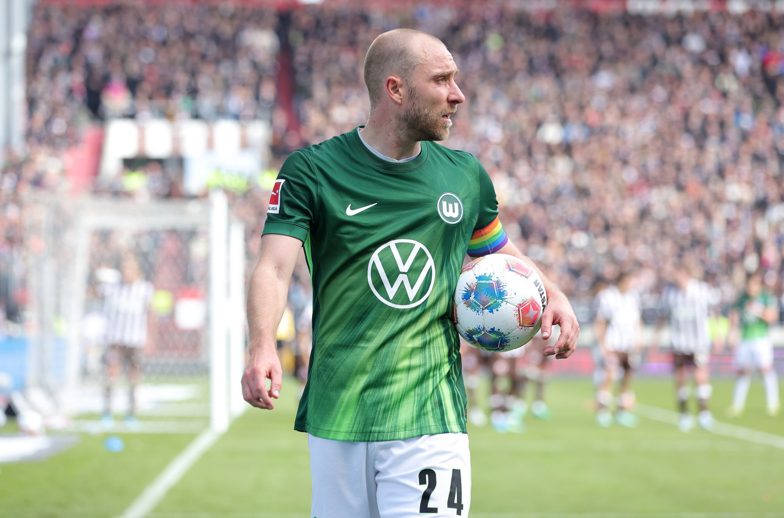 Christian Eriksen of VfL Wolfsburg looks on during the Bundesliga match between FC St. Pauli and VfL Wolfsburg at Millerntor Stadium on May 16, 2026 in Hamburg, Germany.