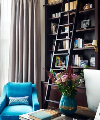 Living room with armchair and shelves with ladder