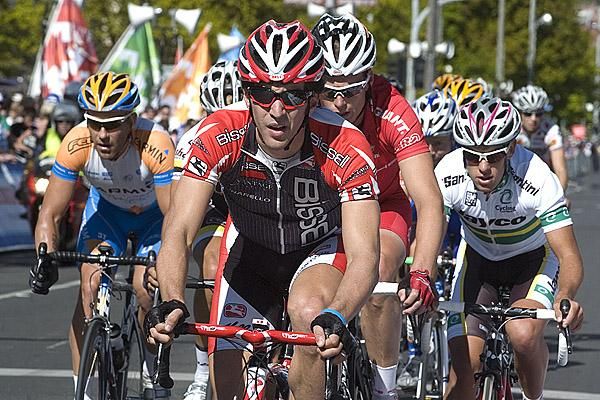 Ben Jacques-Maynes (Bissell) from the USA at the front of the lead group.