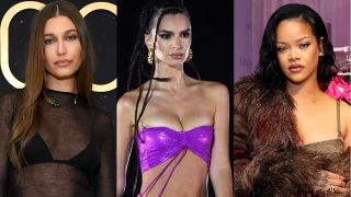 Hailey Bieber in sheer black bra top and dress, Emily Ratajkowski in purple Savage X Fenty look and Rihanna in a fur stole sitting in front of her Savage line.