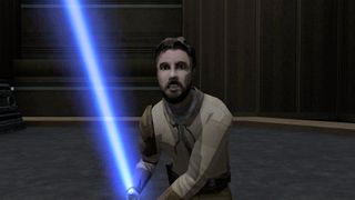 Kyle Katarn looking at you while holding his blue lightsaber.