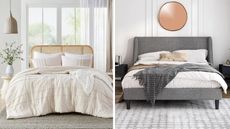 Wayfair bedroom furniture, including beds, rugs, lamps, and nightstands, one in boho style, one in Scandi style