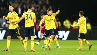 Arsenal forward Gabriel Martinelli celebrates his equalising goal against West Ham 