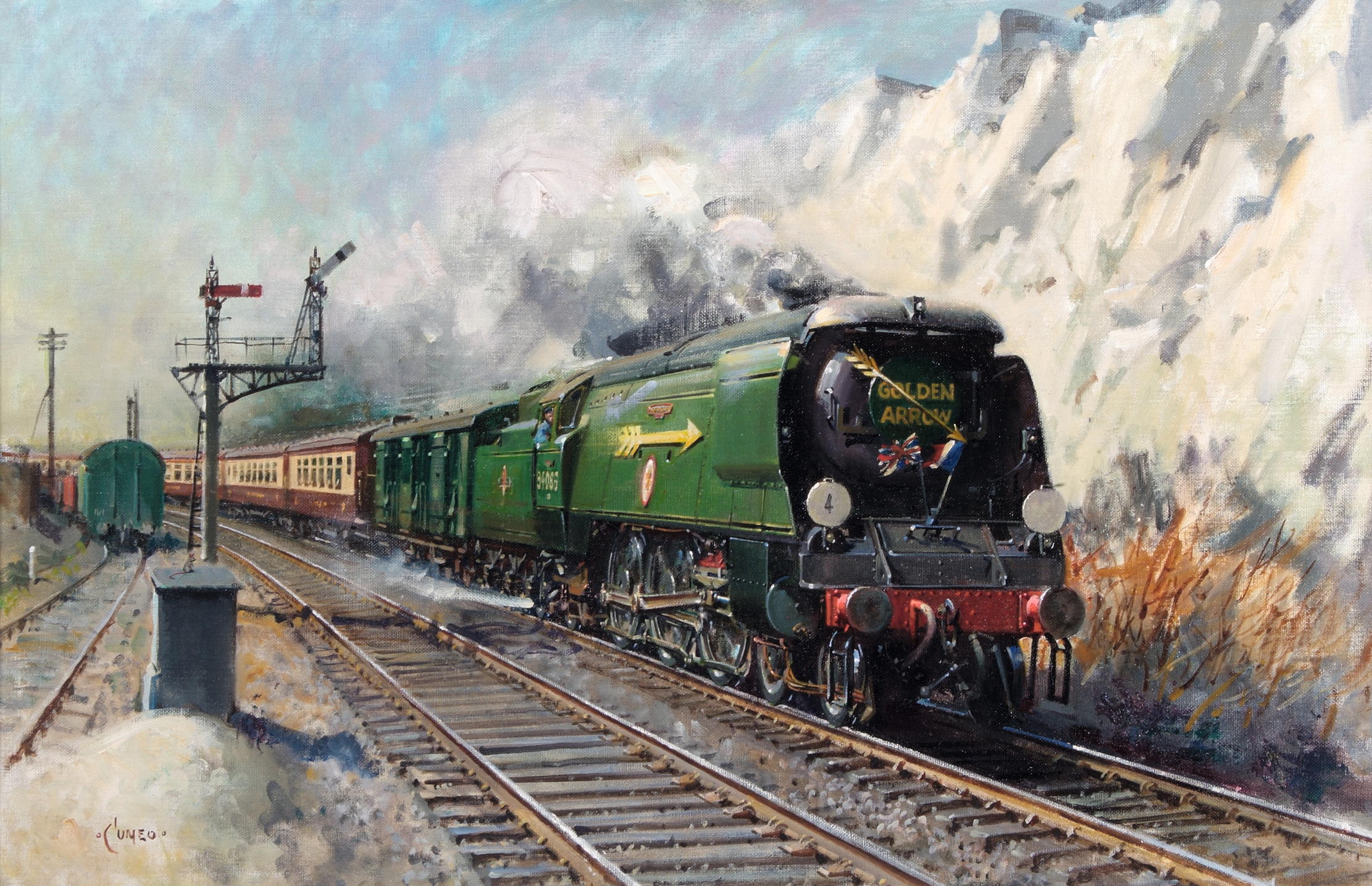 Terence Cuneo yearned for the steam-blanketed age of rail travel, contributing artwork for Royal Mail’s ‘Famous Trains’ stamps of 1984.