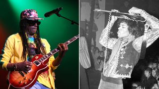 Junior Marvin playing a Les Paul and a black and white photo of Jimi Hendrix playing guitar above his head