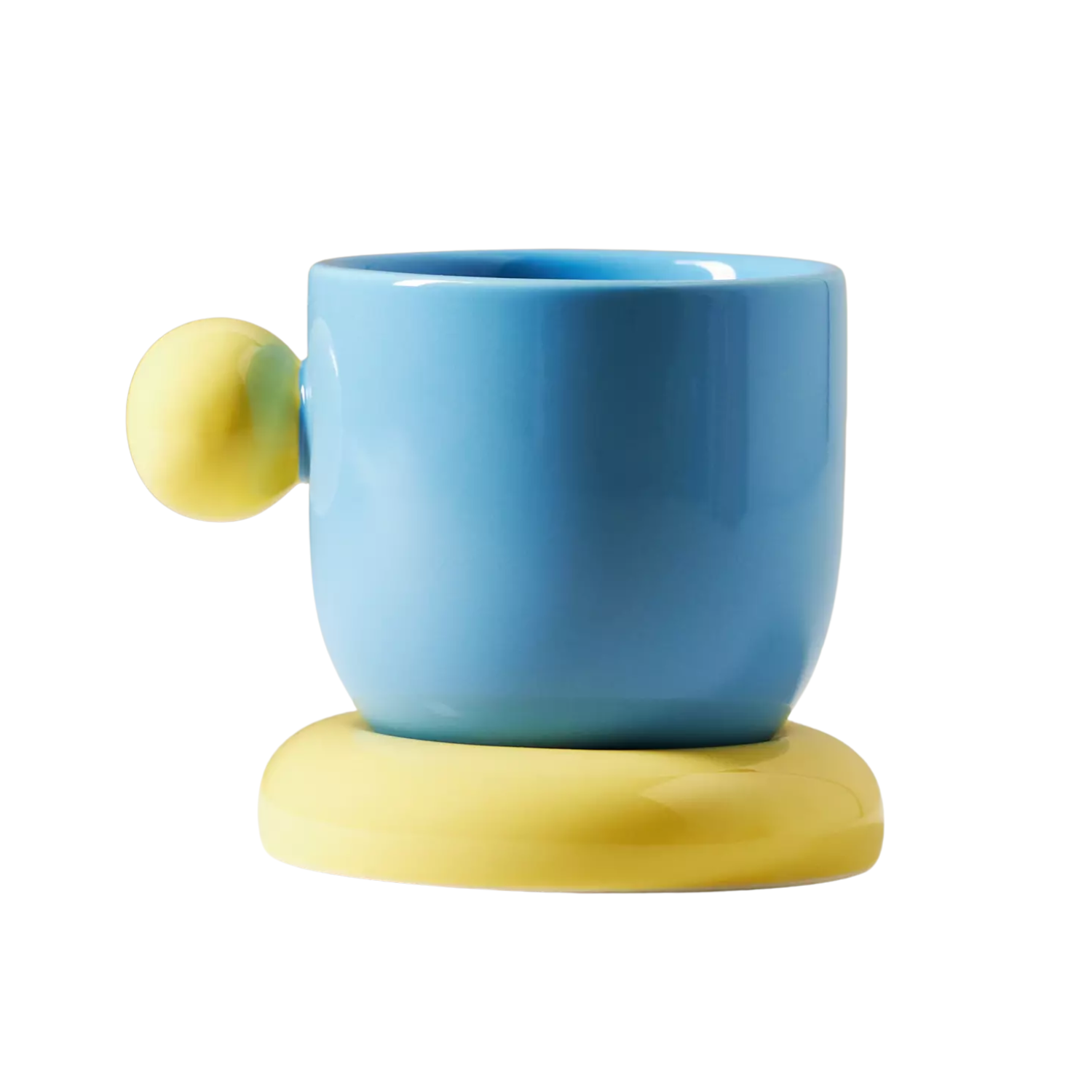 A blue and yellow espresso cup