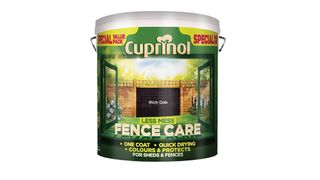 a tin of Cuprinol Less Mess Fence Care paint