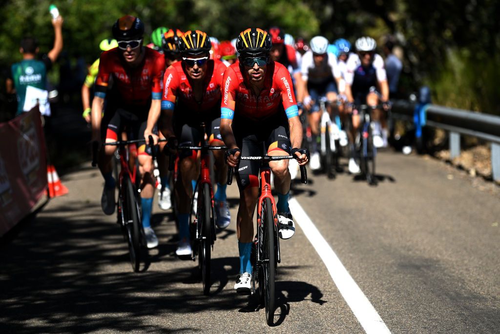 TALAVERA DE LA REINA SPAIN SEPTEMBER 09 LR Luis Leon Sanchez Gil and Gino Mder of Switzerland and Team Bahrain Victorious lead the peloton during the 77th Tour of Spain 2022 Stage 19 a 1383km stage from Talavera de la Reina to Talavera de la Reina LaVuelta22 WorldTour on September 09 2022 in Talavera de la Reina Spain Photo by Justin SetterfieldGetty Images