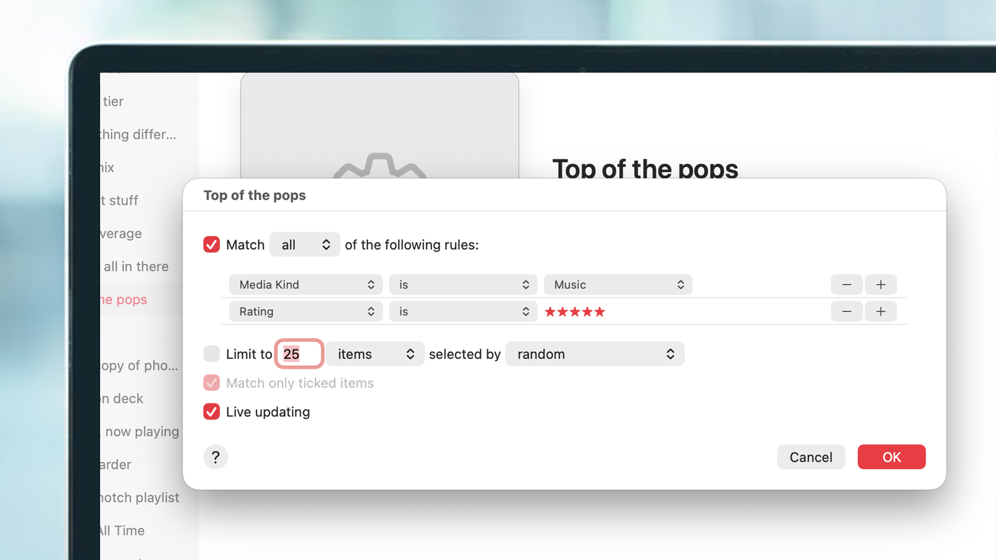 A laptop screen showing an Apple Music playlist being made
