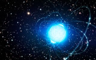 a bright blue sphere emits loops of blue lines from pole to pole against a background of stars.