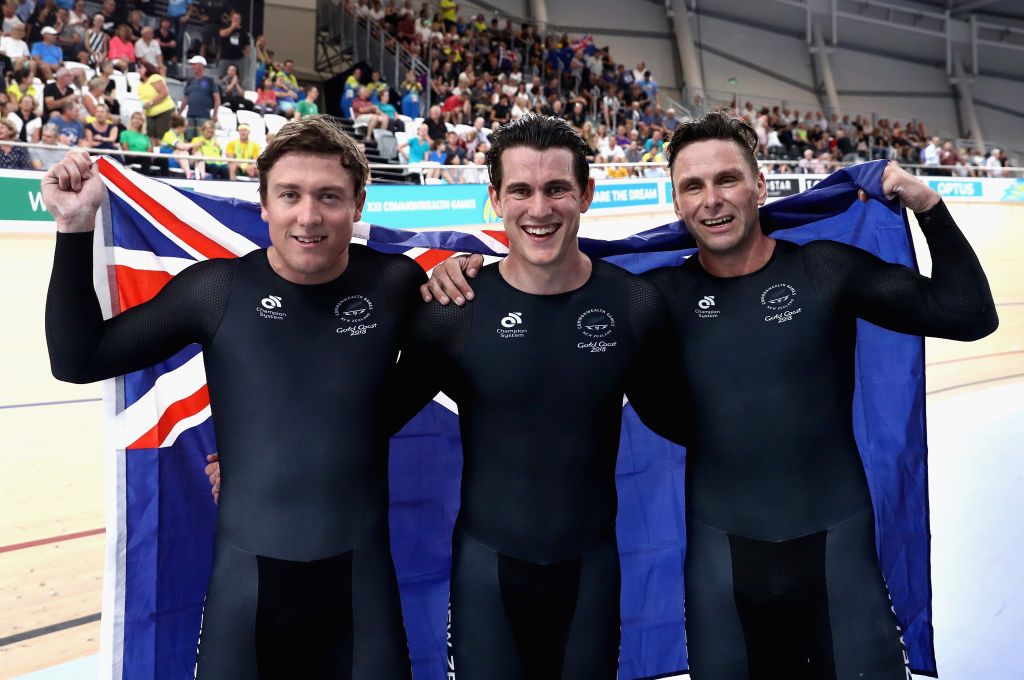New Zealand's winners in the team sprint Ethan Mitchell, Sam Webster and Edward Dawkins