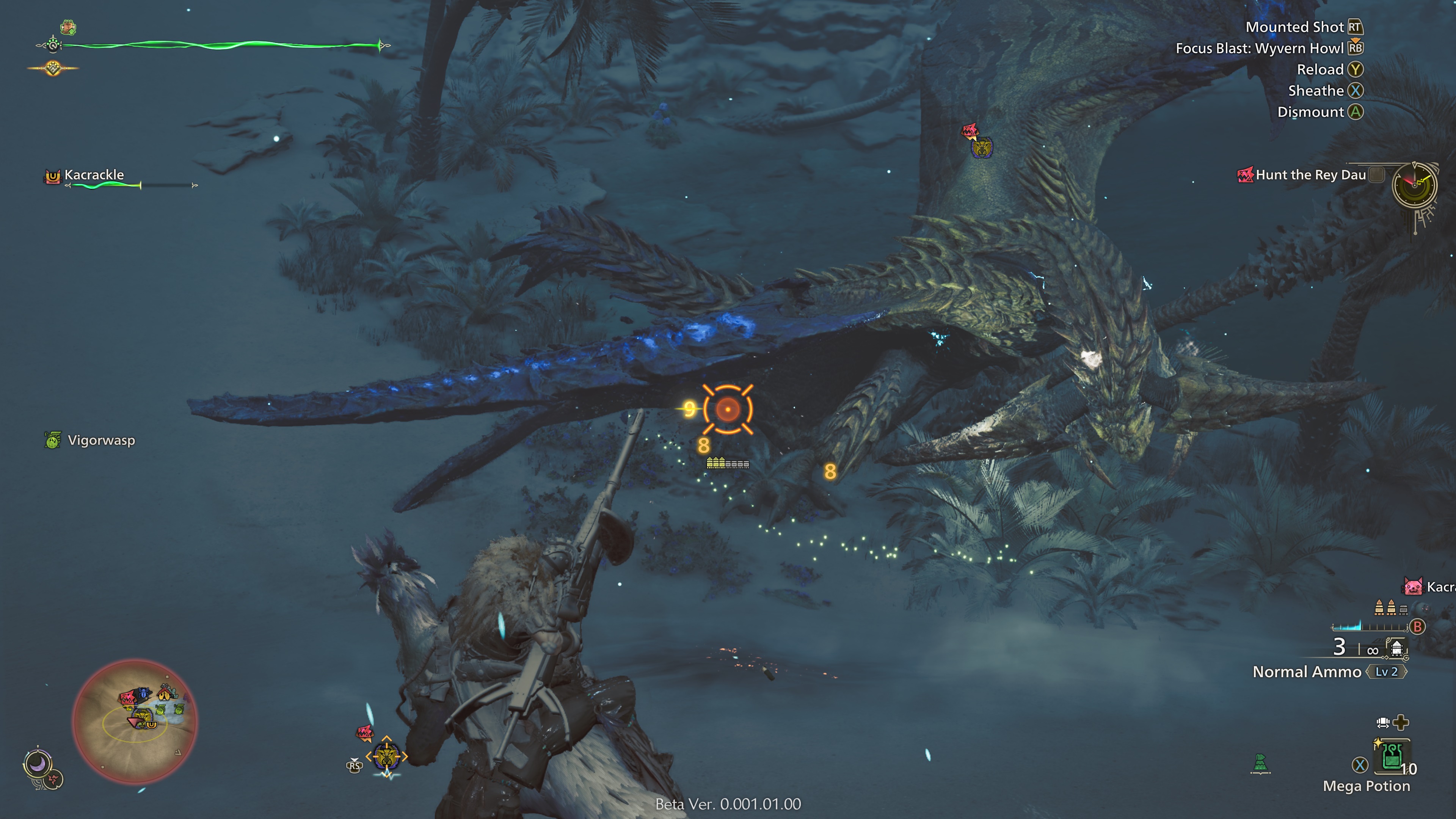 In-game screenshot of a player firing a Heavy Bowgun while riding Seikret in Monster Hunter Wilds