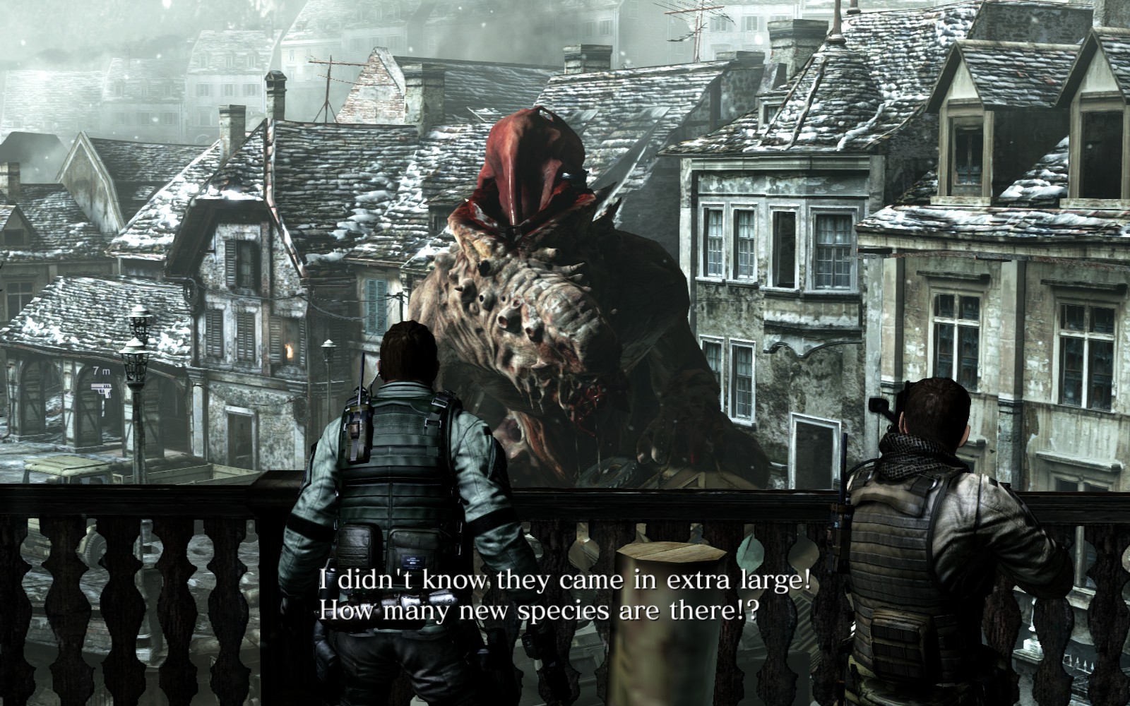 A giant monster walking through a town in Resident Evil 6.