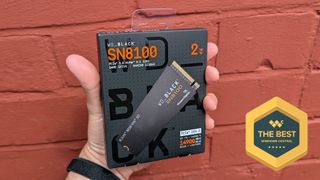 WD_BLACK SN8100 PCIe 5.0 NVMe SSD held against a red brick background with "The Best" award badge from Windows Central