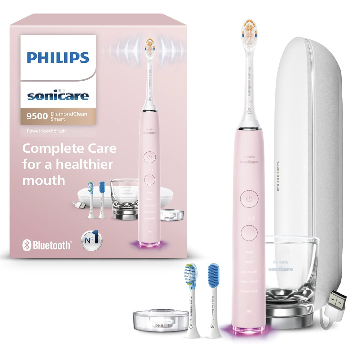 Philips Sonicare Diamondclean Smart 9500 Electric Toothbrush, Sonic Toothbrush With App, Pressure Sensor, Brush Head Detection, 5 Brushing Modes and 3 Intensity Levels, Pink, Model Hx9923/21