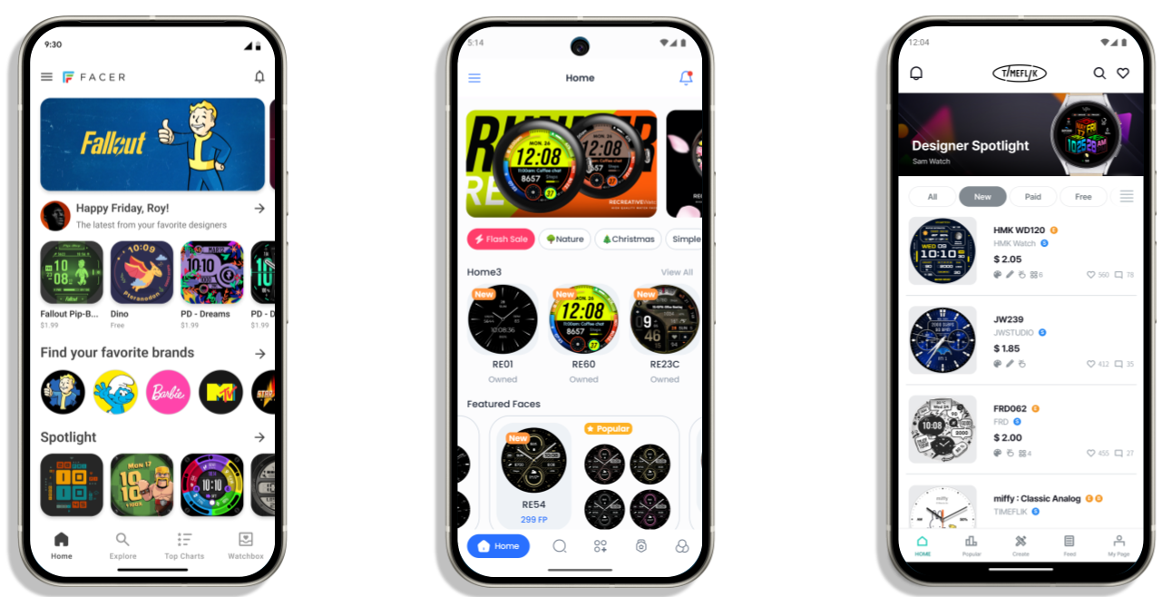 Renders of three Android phones on a gray background, each showing a different watch face app with 3rd-party options: Facer (left), Recreative (center), and TIMEFLIK (right).