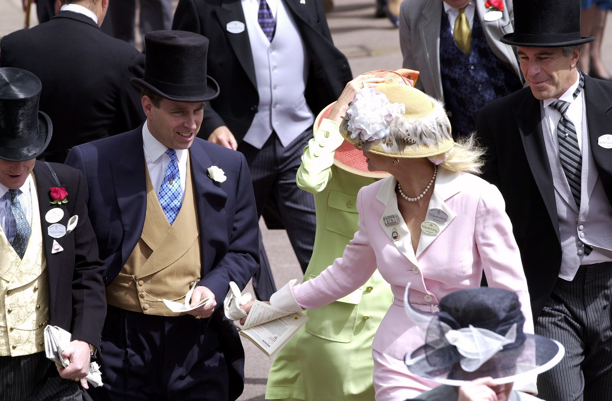Prince Andrew, Ghislaine Maxwell, and Jeffrey Epstein (far right) At Ascot.