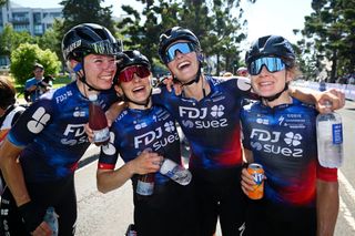 GEELONG AUSTRALIA FEBRUARY 01 Race winner Ally Wollaston of New Zealand and Team FDJ Suez celebrates the victory with her teammates Marie Le Net of France Elise Chabbey of Switzerland and Amber Kraak of The Netherlands after the 9th Cadel Evans Great Ocean Road Race 2025 Womens Elite a 1418km one day race from Geelong to Geelong UCIWWT on February 01 2025 in Geelong Australia Photo by Dario BelingheriGetty Images