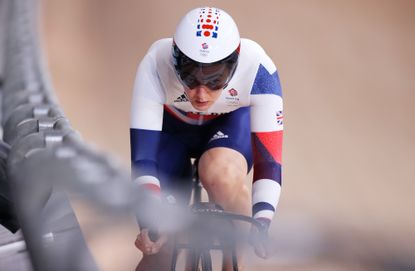 Katy Marchant competing in the women's Keirin