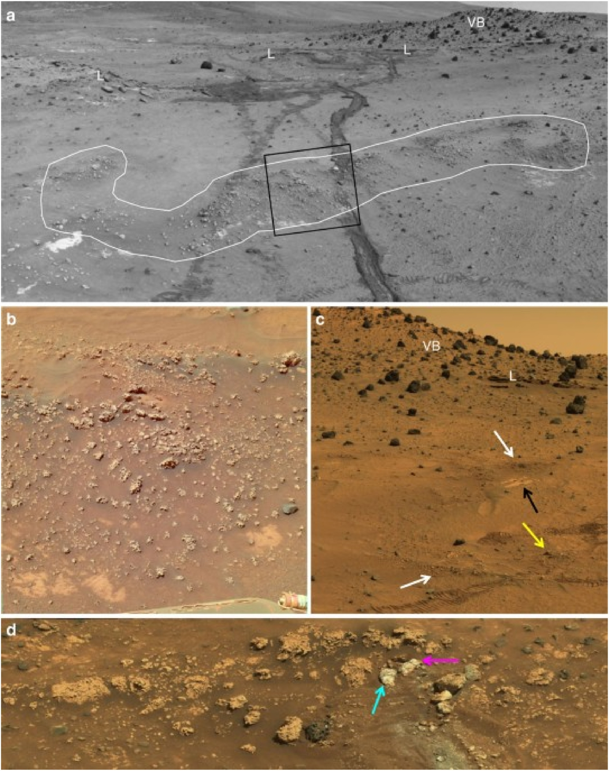 Shots of a barren landscape are divided into four sections. Some with arrows or outlines to highlight geological details.