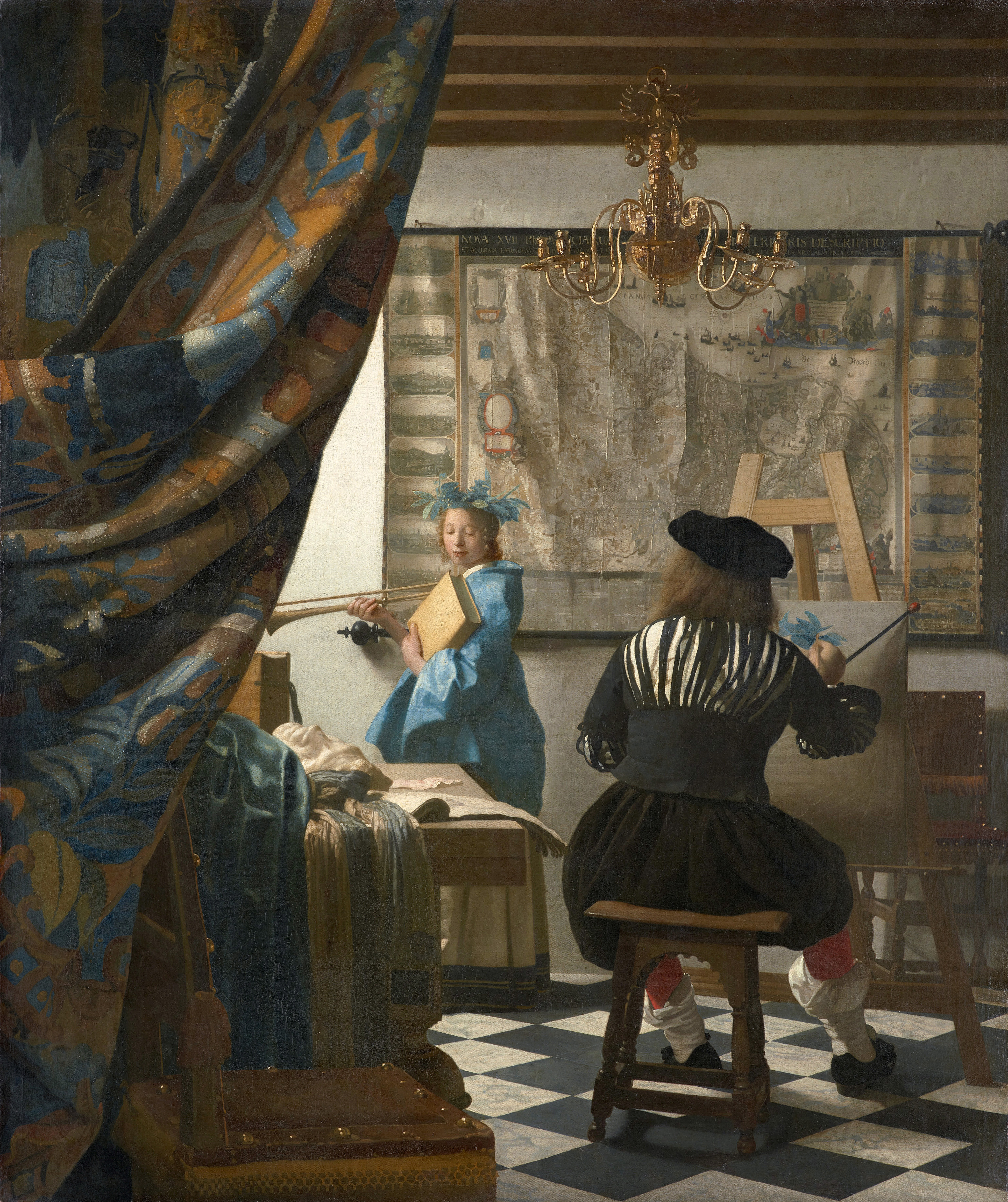 An oil painting of an artist painting a female sitter, wearing a bright blue, long-sleeve dress and matching headpiece