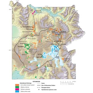 A map of Yellowstone National Park shows the location of Geyser Hill and Old Faithful.