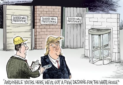 Political cartoon U.S. Trump White House chaos revolving door border wall Mexico