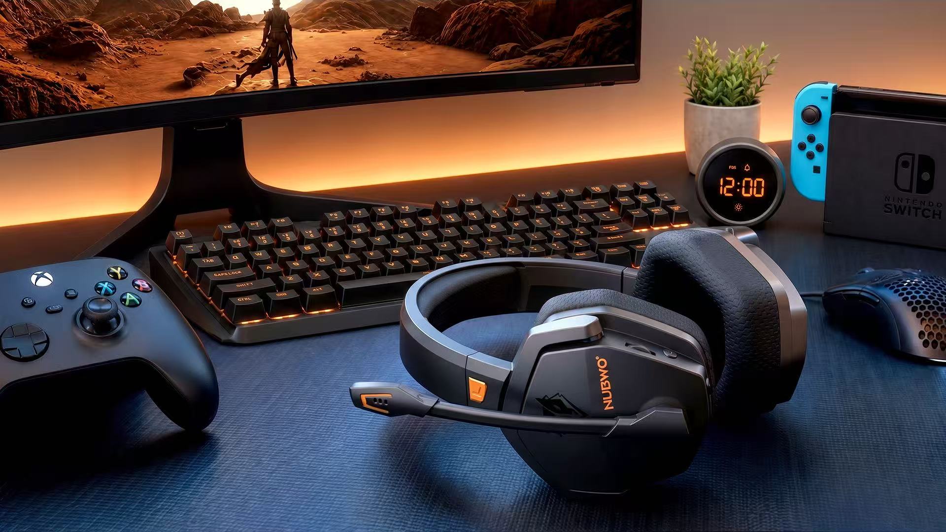 NUBWO G06 gaming headset on the desk in front of a gaming PC, Xbox controller and Nintendo Switch