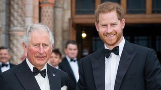King Charles and Prince Harry, Duke of Sussex attend the "Our Planet" global premiere at Natural History Museum on April 04, 2019