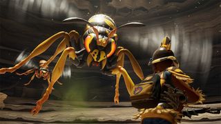 A wasp threatens to sting the player character in Grounded.