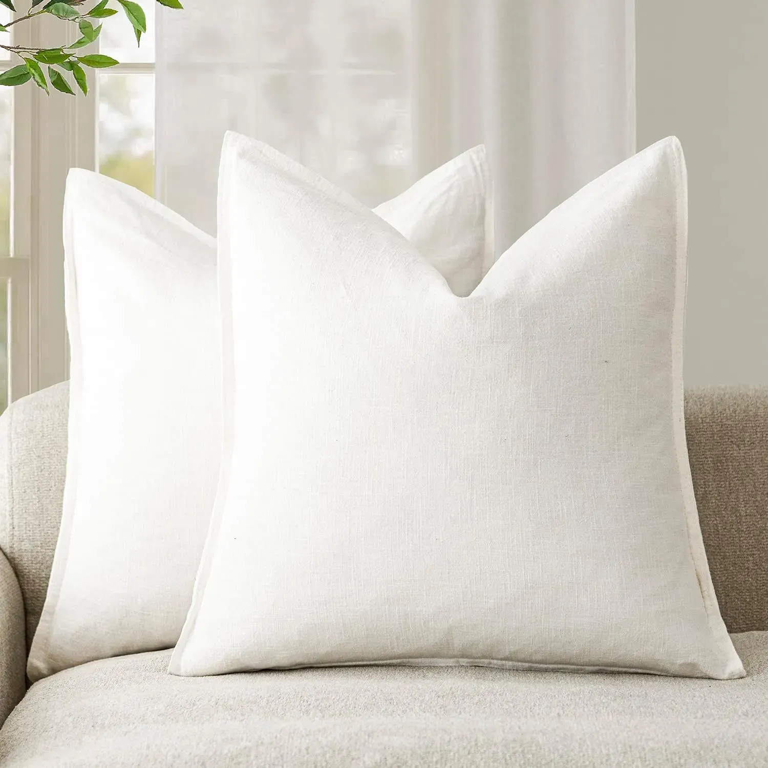 Foindtower, Foindtower Pack of 2, Decorative Linen Soild Throw Pillow Covers Soft Accent Cushion Case Boho Farmhouse Neutral Pillowcase for Chair Couch Sofa Bedroom Living Room Home Decor 24 X 24 Inch Cream White