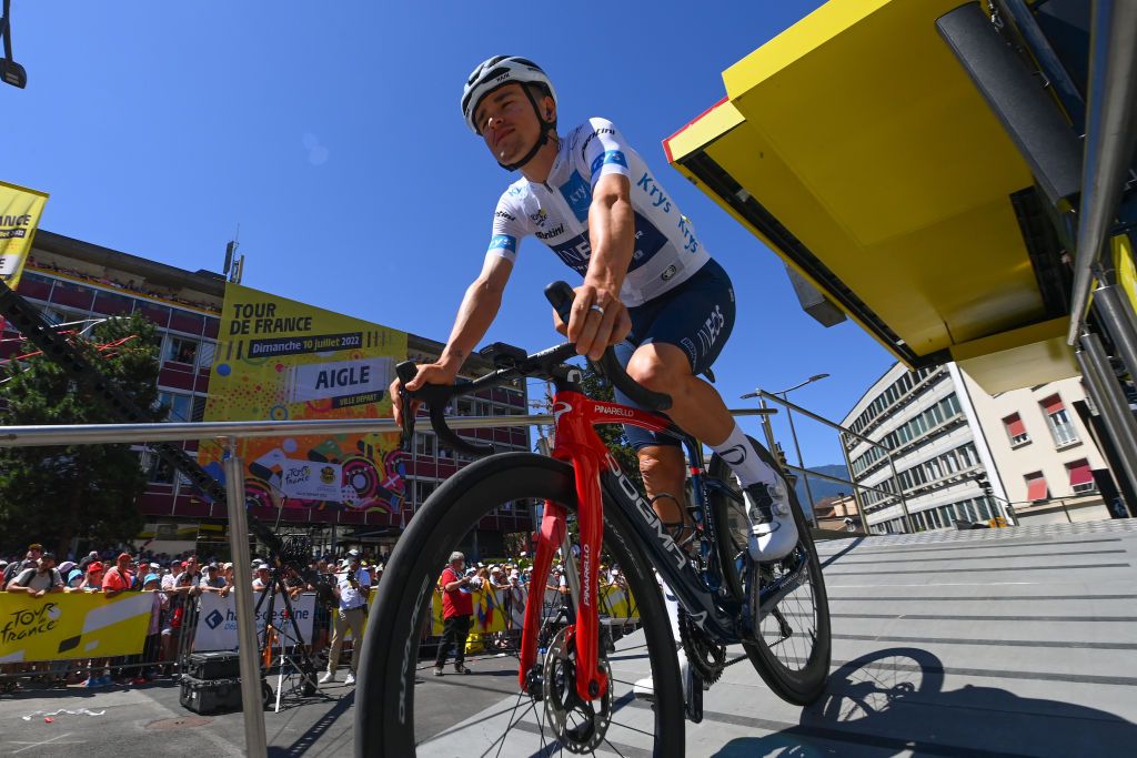 CHTEL LES PORTES DU SOLEIL FRANCE JULY 10 Thomas Pidcock of United Kingdom and Team INEOS Grenadiers White Best Young Rider Jersey during the team presentation prior to the 109th Tour de France 2022 Stage 9 a 1929km stage from Aigle to Chtel les portes du Soleil 1299m TDF2022 WorldTour on July 10 2022 in Chtel les portes du Soleil France Photo by Tim de WaeleGetty Images