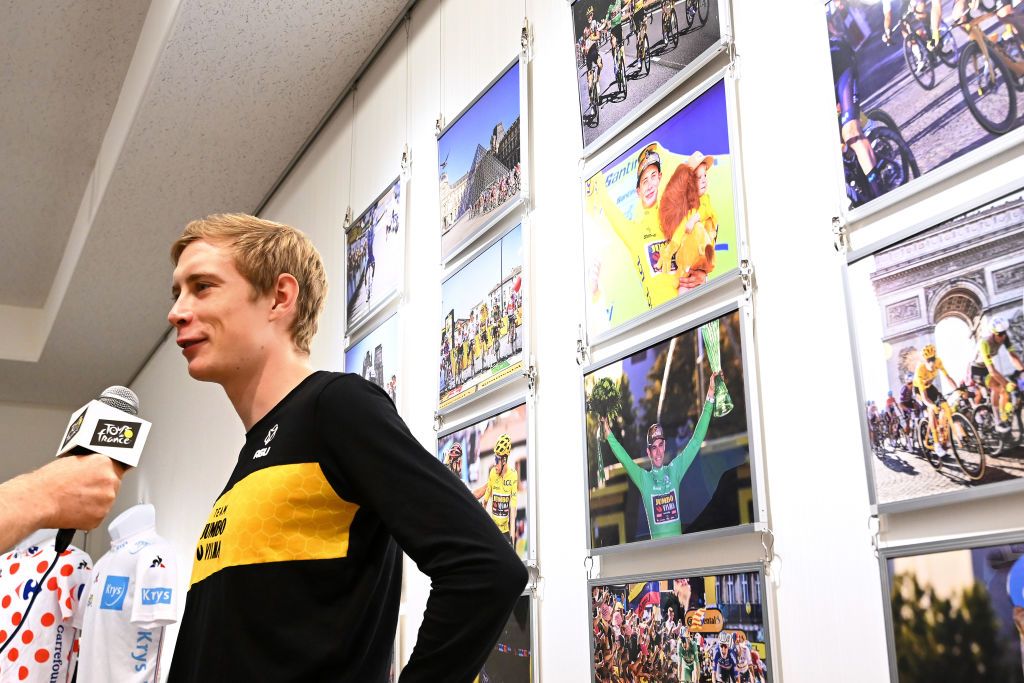 SAITAMA JAPAN NOVEMBER 05 Jonas Vingegaard Rasmussen of Denmark and Team Jumbo Visma Yellow Leader Jersey attends to a bicycle culture and art exhibition during the 8th Tour de France Saitama Criterium 2022 Media Day SaitamaCriterium on November 05 2022 in Saitama Japan Photo by Kenta HaradaGetty Images