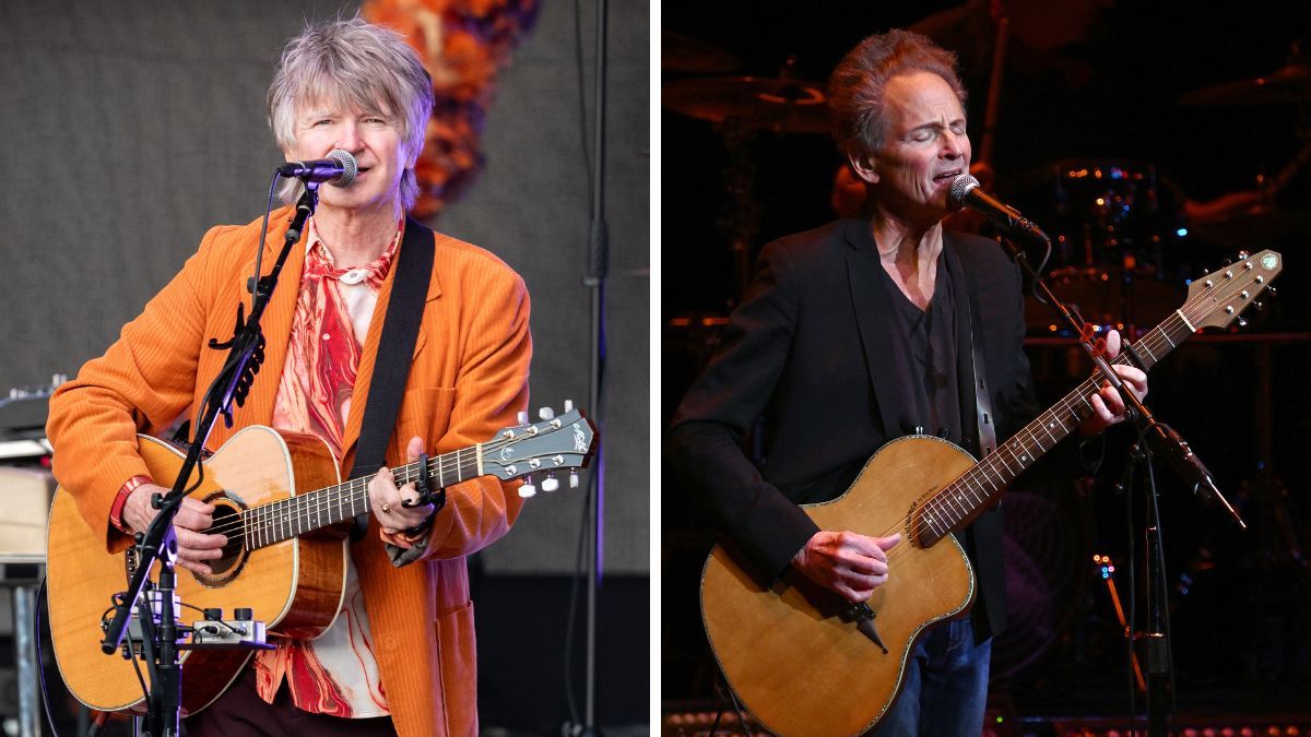 Left-Neil Finn of Crowded House performs at The Piece Hall on June 19, 2024 in Halifax, England; Right-Lindsey Buckingham performs at The Brown Theatre on October 27, 2022 in Louisville, Kentucky