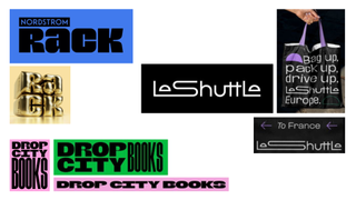 Wide typography in logos including LeShuttle, Drop City Books, and Nordstrom Rack.