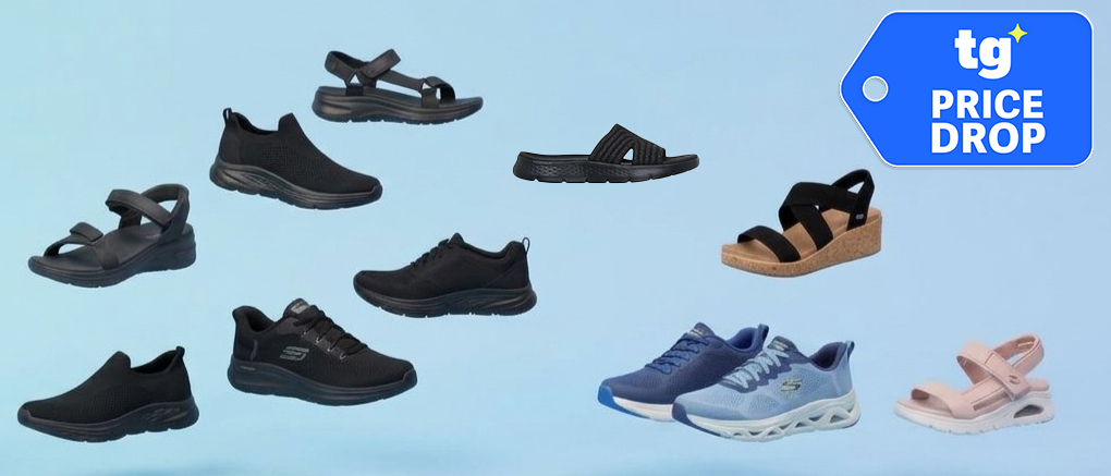 skechers shoes on blue background