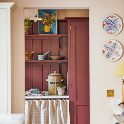 Red pantry with pink walls in a kitchen
