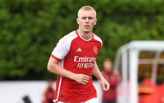 Mika Biereth of Arsenal during the pre season friendly between Arsenal XI and Watford at London Colney on July 08, 2023 in St Albans, England. (Photo by David Price/Arsenal FC via Getty Images)