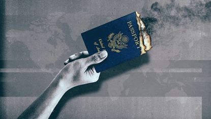 Illustration of a hand holding a burning passport