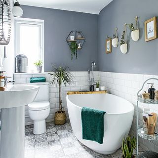 grey walled bathroom with bathtub and potted plants