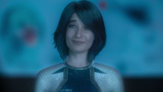 Cortana looks at Master Chief after the pair's introduction in the Halo TV show
