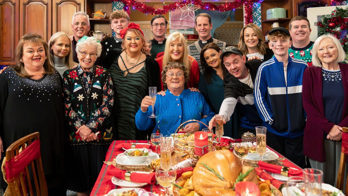 The Mrs Brown&#039;s Boys cast gathered around the dining table for the Mrs Brown&#039;s Boys Christmas special 2023 