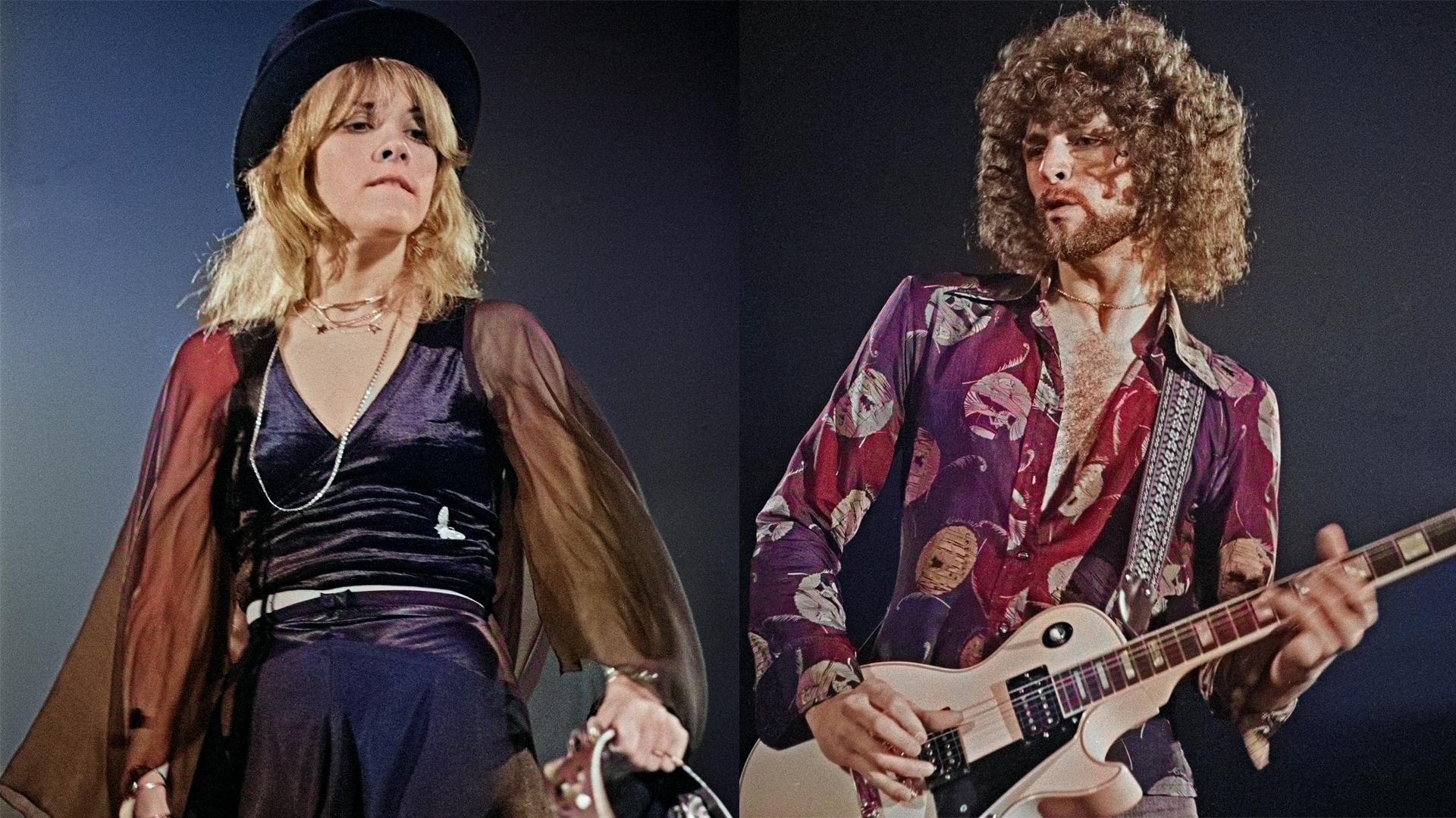 LEFT: Stevie Nicks of British-American rock band Fleetwood Mac performs live on stage at Yale Coliseum in New Haven, Connecticut, USA, on 20th November 1975. RIGHT:NEW HAVEN, USA - 20th NOVEMBER: guitarist and singer Lindsey Buckingham of British-American rock band Fleetwood Mac performs live on stage at Yale Coliseum in New Haven, Connecticut, USA, on 20th November 1975. 