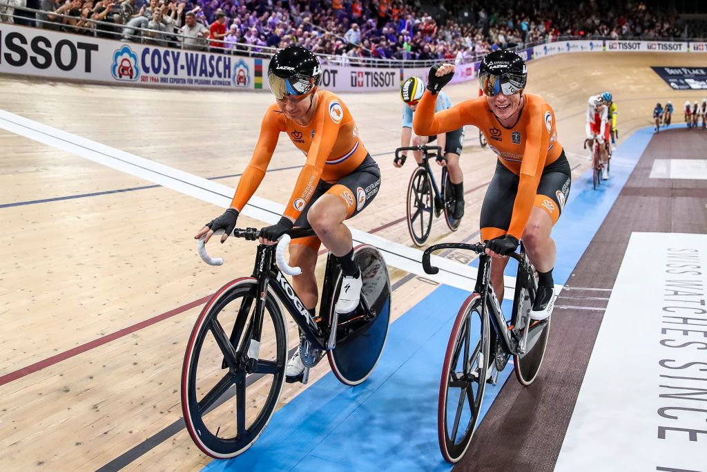 BERLIN GERMANY FEBRUARY 29 Kirsten Wild and Amy Pieters of The Netherlands celebrate after the Womens Madison during day 4 of the UCI Track Cycling World Championships Berlin at Velodrom on February 29 2020 in Berlin Germany Photo by Maja HitijGetty Images