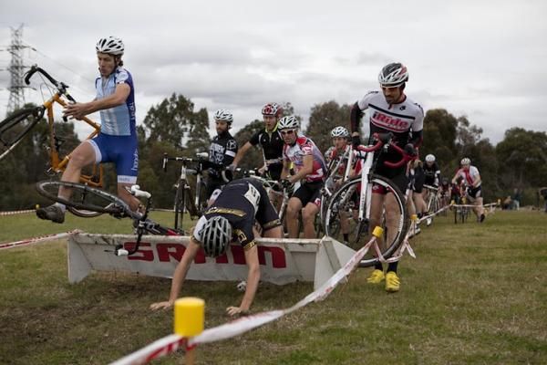 Michael Crosbie takes an early spill on the course.