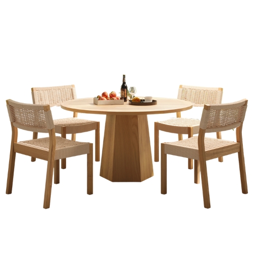 Homary, 5-Pieces Outdoor Natural Teak Round Table & Rope-Woven Chair Set