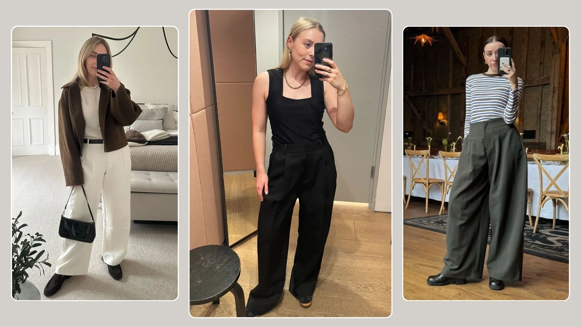 Maxine wears Abercrombie tailored trousers; Florrie wears COS tailored trousers; Megan wears ASOS tailored trousers