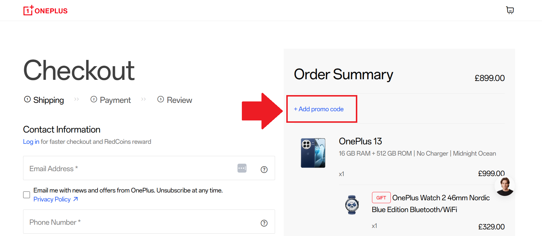 A screenshot of the oneplus checkout screen and where to enter your oneplus promo code